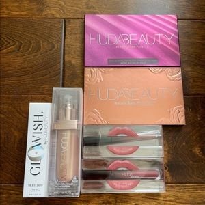 NIB Huda Beauty Bundle Desert Dusk & Rose Gold Remastered Palettes Glowish Lips